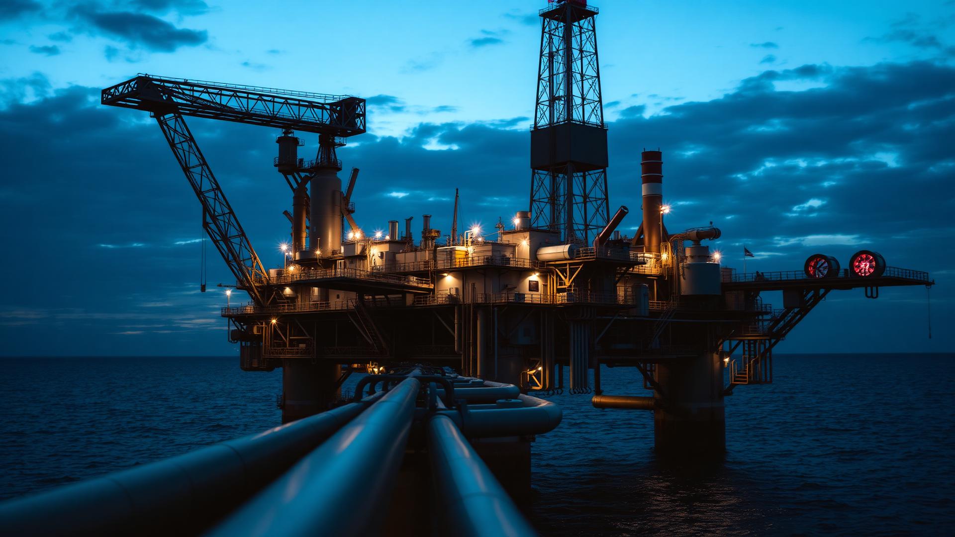 Offshore oil and gas platform at dusk