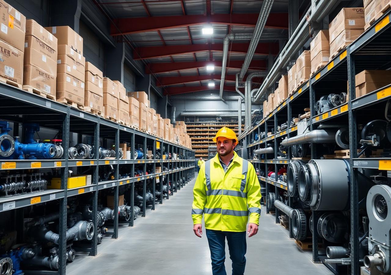 Engineer inspecting industrial parts in warehouse